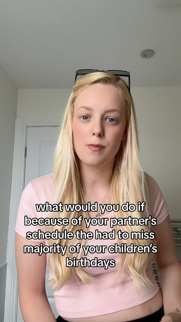 A woman with a text overlay reading "what would you do if you had to miss most of your children's birthdays due to your partner's schedule."